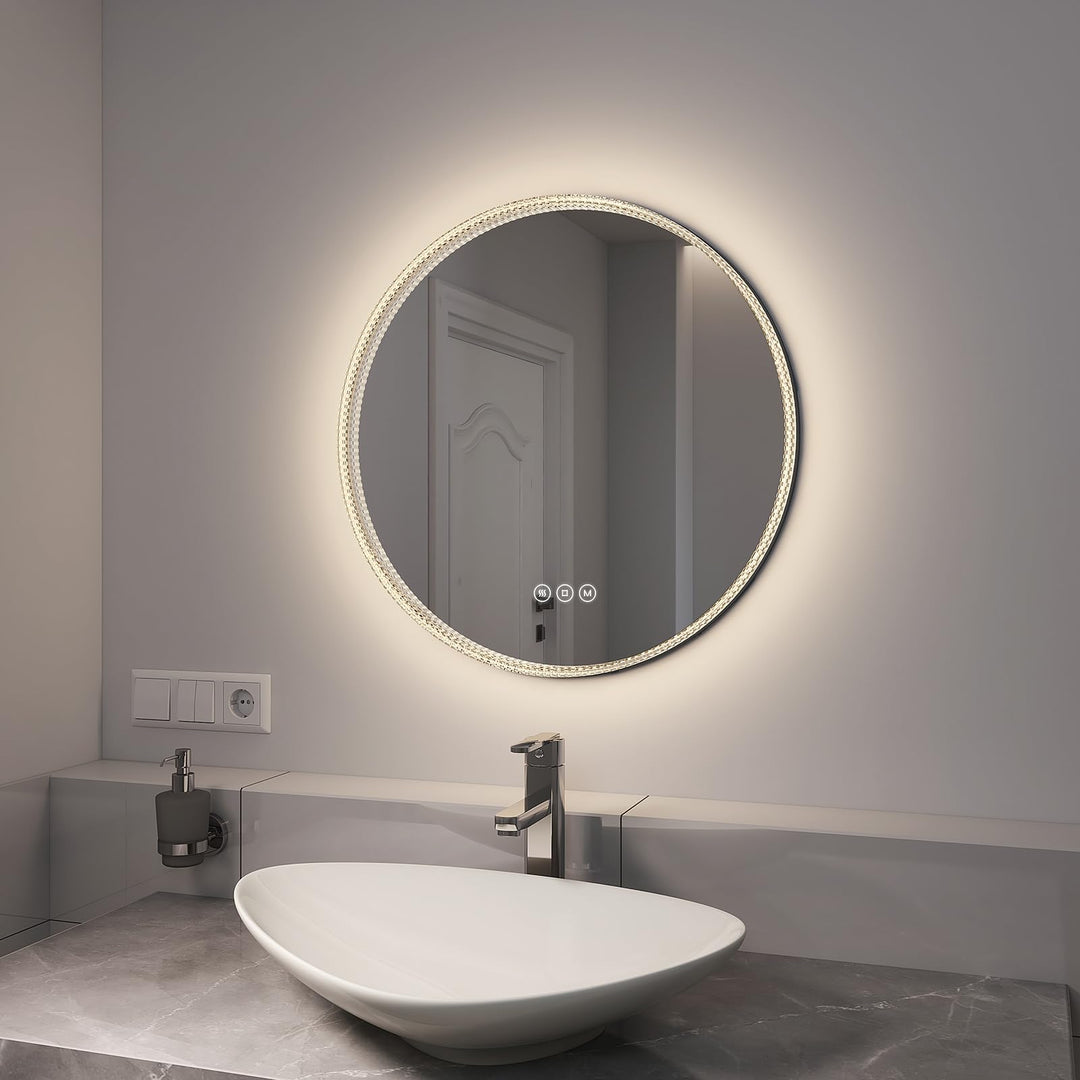 EMKE Spiegel mit Beleuchtung Rund 60cm LED Badspiegel mit Beleuchtung Touch-Schalter, Dimmbar 3 Lich