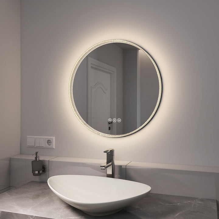 EMKE Spiegel mit Beleuchtung Rund 60cm LED Badspiegel mit Beleuchtung Touch-Schalter, Dimmbar 3 Lich