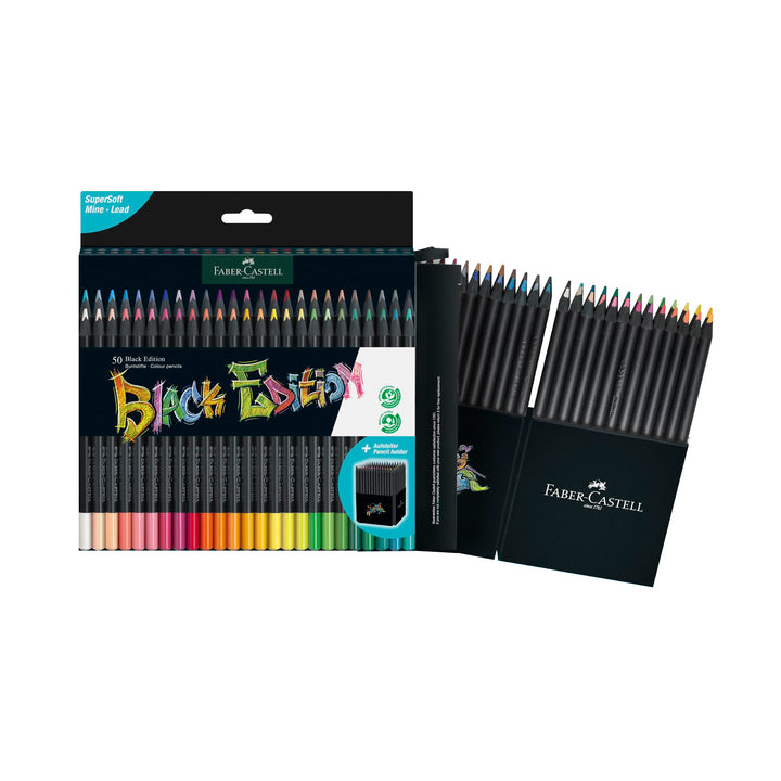 Faber-Castell 116450 - Buntstifte Blackwood, Black Edition, 50er Etui, leuchtende Farben mit weichem