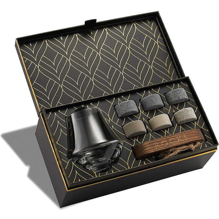 Whisky Glas &amp; Whiskey Steine Set - 6 Handgefertigte Runde Granit Whisky Steine - Nosing Glas für Sco