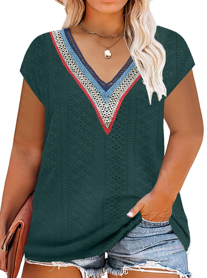 Grosse Grössen T-Shirts Damen V-Ausschnitt Plus Size Mode Strick Top Sommer Oversize Frauen Tshirts,