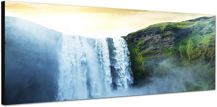 Paul Sinus Art Panoramabild auf Leinwand und Keilrahmen 150x50cm Wasserfall Felsen Himmel Sonnenstra