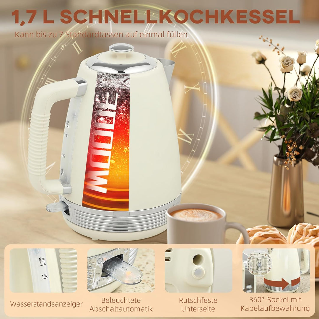 HOMCOM Wasserkocher Toaster Set mit Strix Thermostat Edelstahl Frühstück-Set mit 4 Scheiben Toaster,