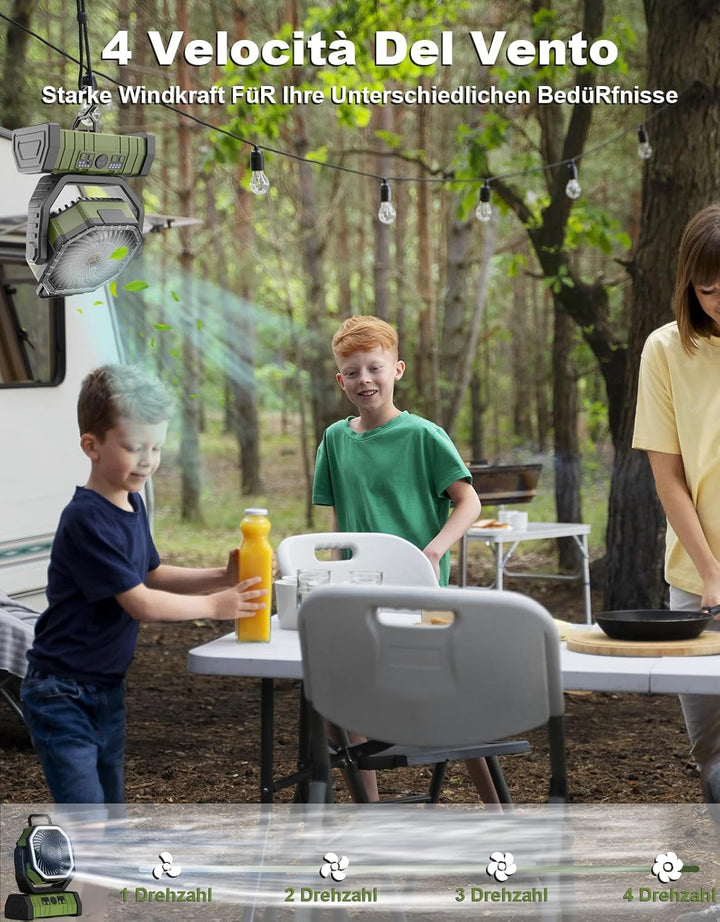 Richday Ventilator mit LED-Laterne 4 Geschwindigkeiten Camping Ventilator Leise Ventilator 20000mAh