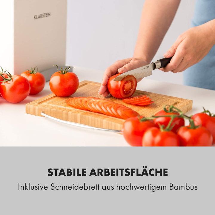 Klarstein Kitano Plus Messer-Set - 9 tlg. Set mit Holzblock und Bambus-Schneidebrett, 7 Präzisionskl