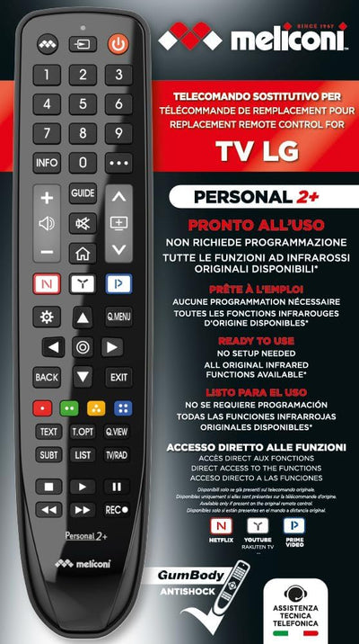 Meliconi Gumbody Personal 2+ Fernbedienung für LG TV, ersetzt die Originalfernbedienung, sofort eins