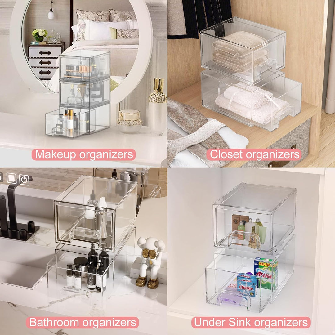 4 Stück Badschrank Organizer Box, Stackable Acryl Aufbewahrungsbox Schublade mit 32 rutschfeste Matt