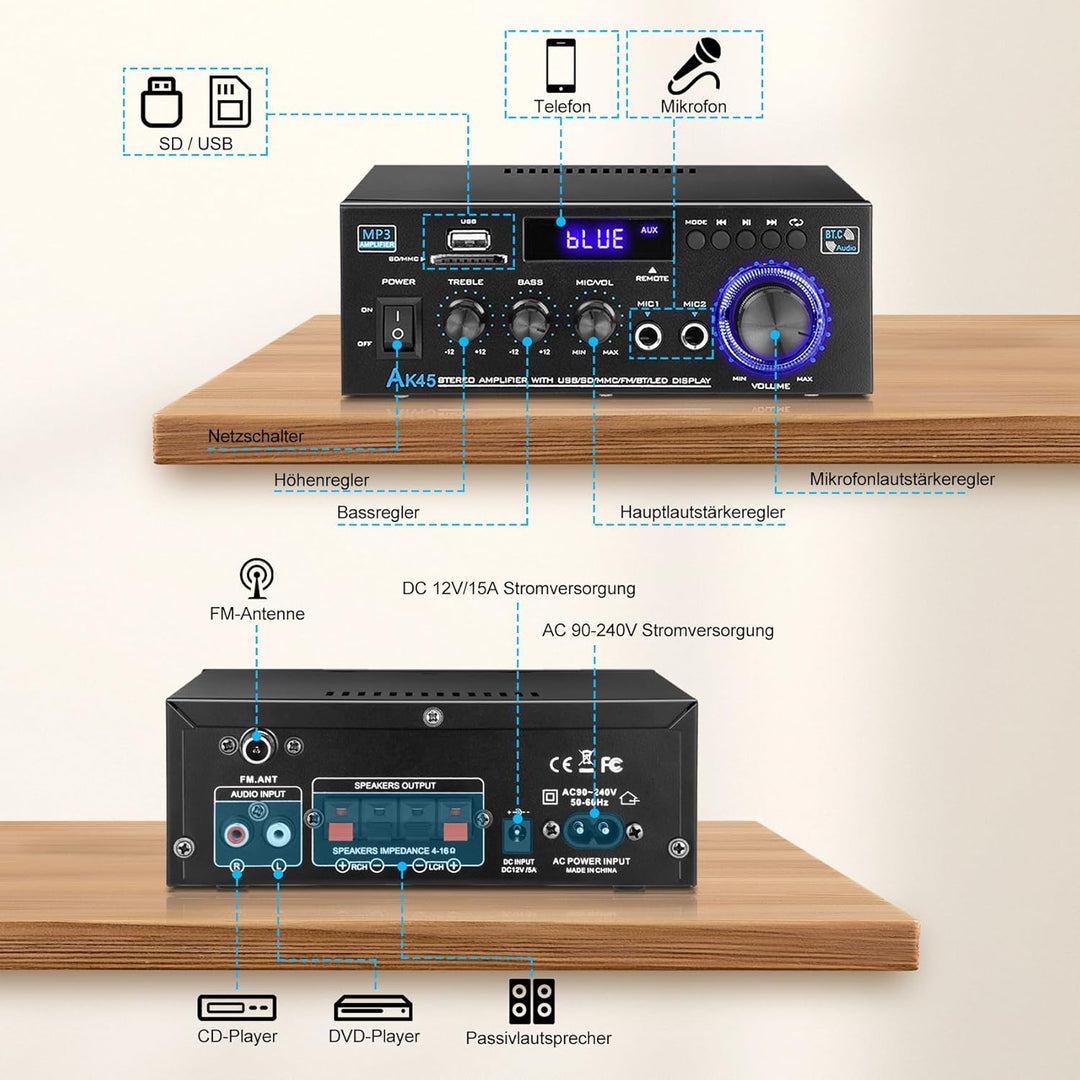 Hifi Verstärker - KKMOL Stereo Verstärker, AK45 Mini Bluetooth Radio Audio Verstärker Receiver, Wiim