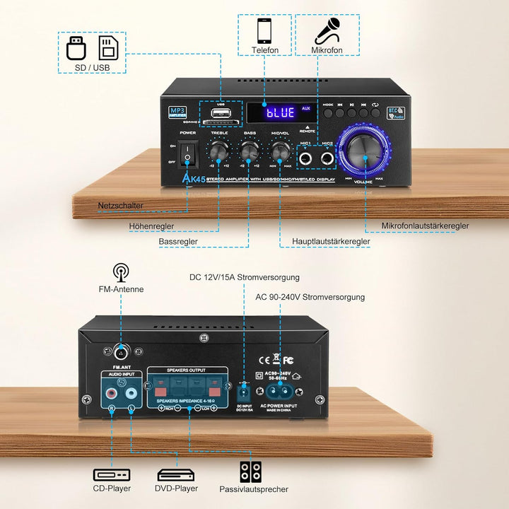 Hifi Verstärker - KKMOL Stereo Verstärker, AK45 Mini Bluetooth Radio Audio Verstärker Receiver, Wiim