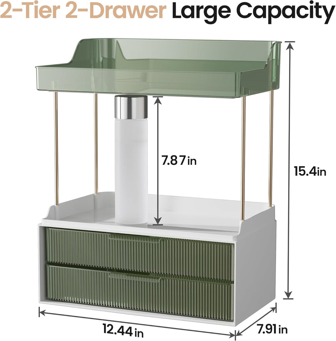 Delamu Make Up Organizer mit 2 Schubladen, 2 Etagen Kosmetik Organizer, Multifunktions Grösser Kosme