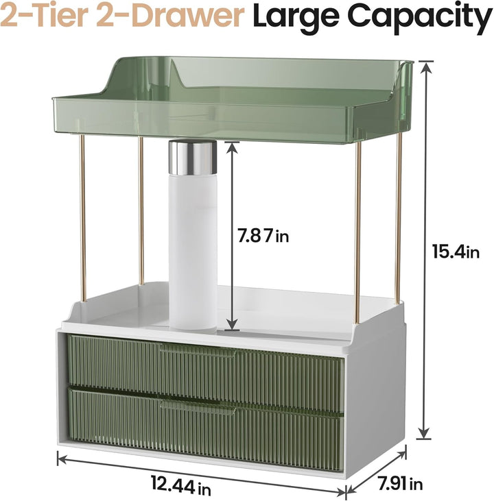 Delamu Make Up Organizer mit 2 Schubladen, 2 Etagen Kosmetik Organizer, Multifunktions Grösser Kosme