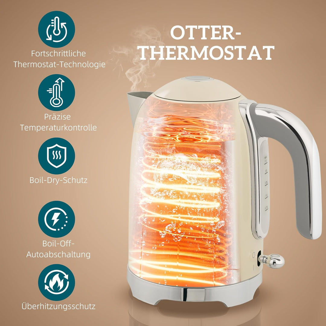 HOMCOM Wasserkocher Toaster Set, 2200 W, 1,7 L Edelstahl Wasserkocher 2 Scheiben Toaster mit Otter-T