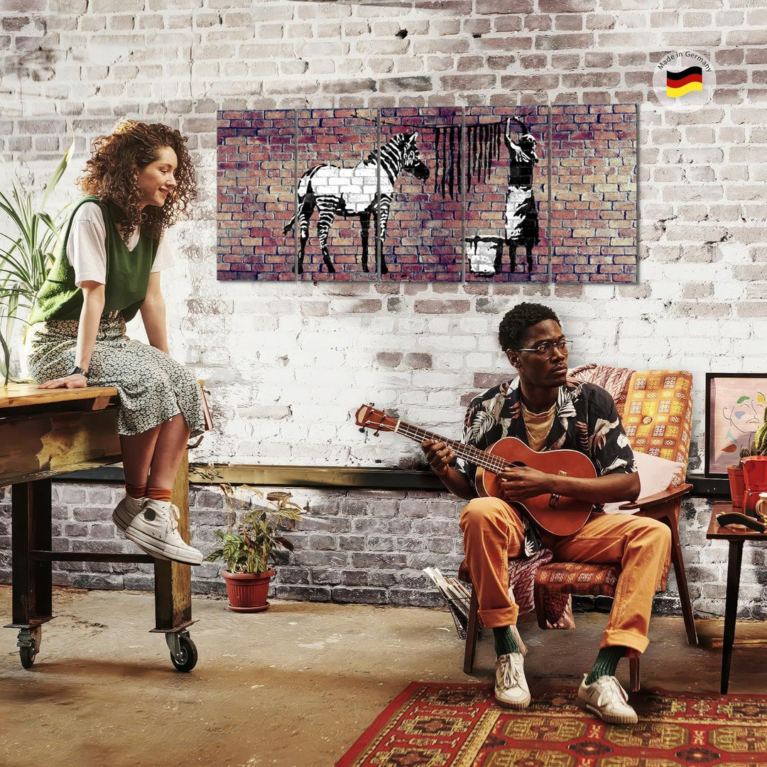 Runa Art Wandbild XXL Banksy Washing Zebra Loft Wohnzimmer 200 x 80 cm Braun 5 Teilig - Made in Germ