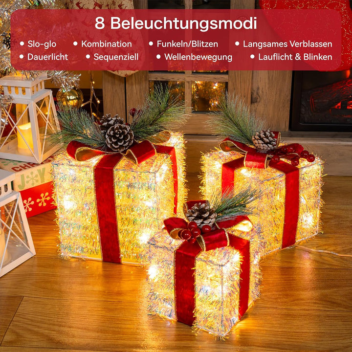 3er Set LED Geschenkbox Weihnachten, Beleuchtete Deko Geschenke mit 60 LEDs, 8 Lichtmodi & Timer, We