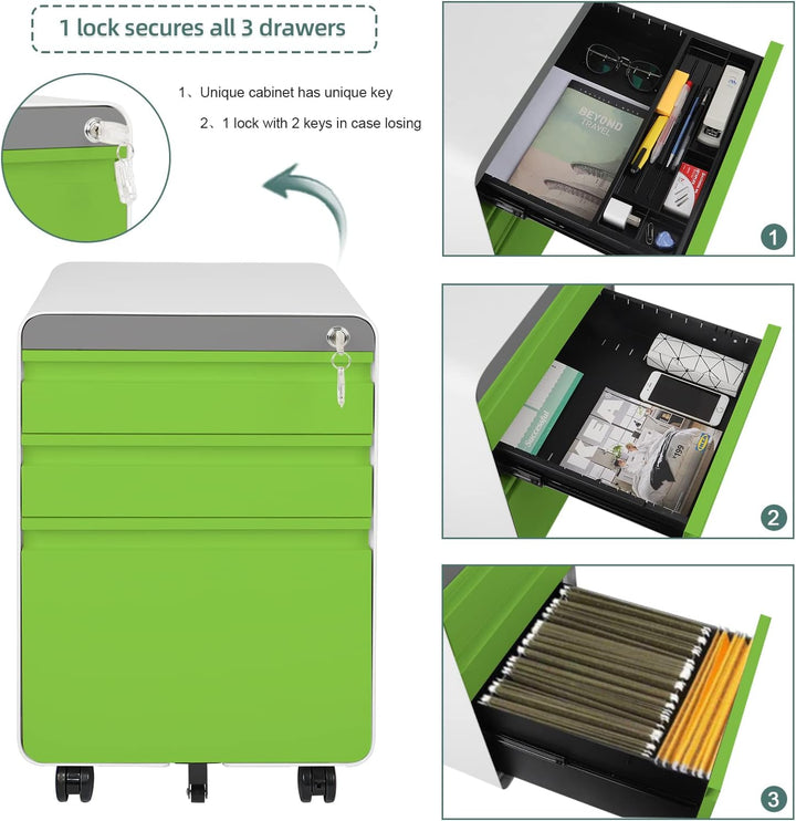 Dripex Metall Rollcontainer Stahl Rollcontainer mit 3 Schubladen und Hängeregistratur Abschliessbare