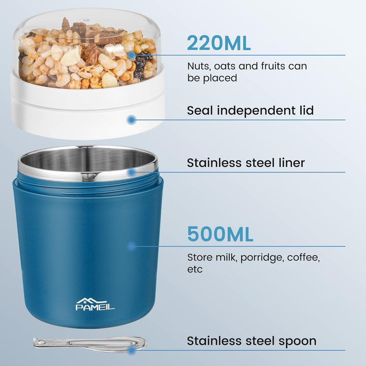 Müslibecher to go 500ml I Isolierter Edelstahl Joghurtbecher für Müsli I Edelstahl Innenwand Thermob