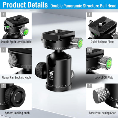 SIRUI Stativkopf KH-20, 360 Doppelte Panorama Kopf mit 36 mm Kugelkopf und 1/4 Zoll Schnellwechselpl