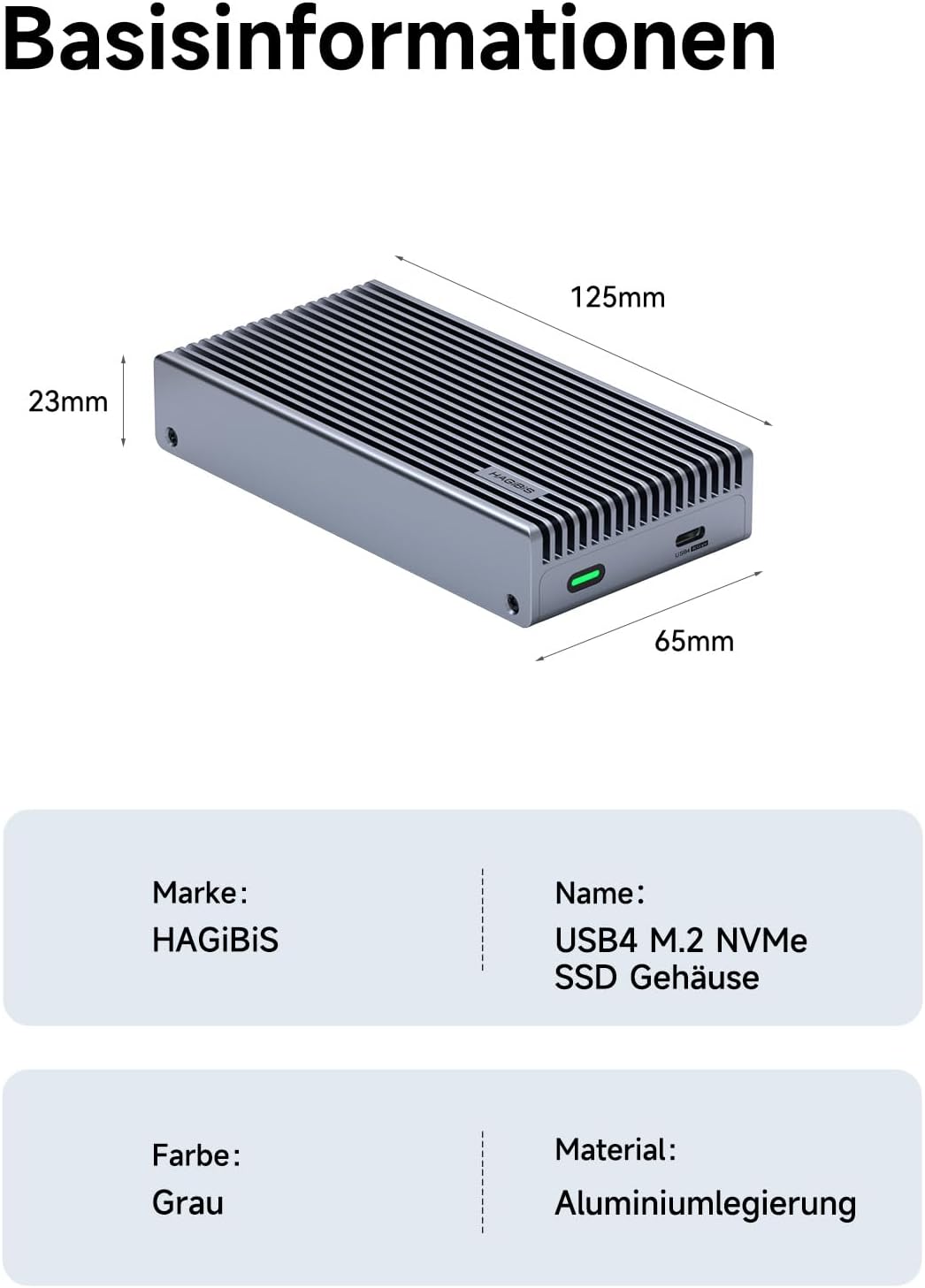 Hagibis M.2 NVMe SSD-Gehäuse, 40 Gbit/s USB4 SSD-Gehäuse mit LED-Display, USB4-Kabel, PCIe3.0x4, Alu