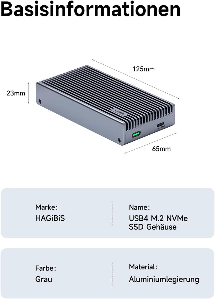 Hagibis M.2 NVMe SSD-Gehäuse, 40 Gbit/s USB4 SSD-Gehäuse mit LED-Display, USB4-Kabel, PCIe3.0x4, Alu