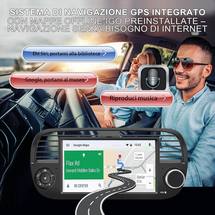8-Kern 4GB+64GB Autoradio für FIAT 500C 2007–2015, 7" Touchscreen, Navigation GPS, Wireless CarPlay