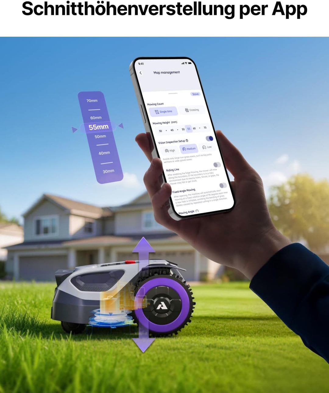 ANTHBOT M9+Garage, Rasenmäher Roboter ohne Begrenzungsdraht, RTK-Navigation mit Dual-Vision, KI-Hind