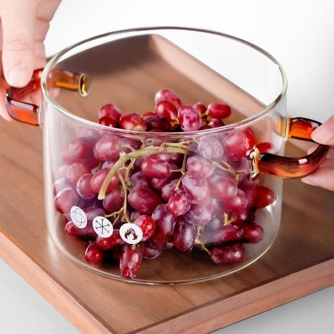 Klarer Topf mit Deckel, 1,5 l, Glastopf mit zwei Griffen, mikrowellengeeignet, klarer Simmertopf, hi