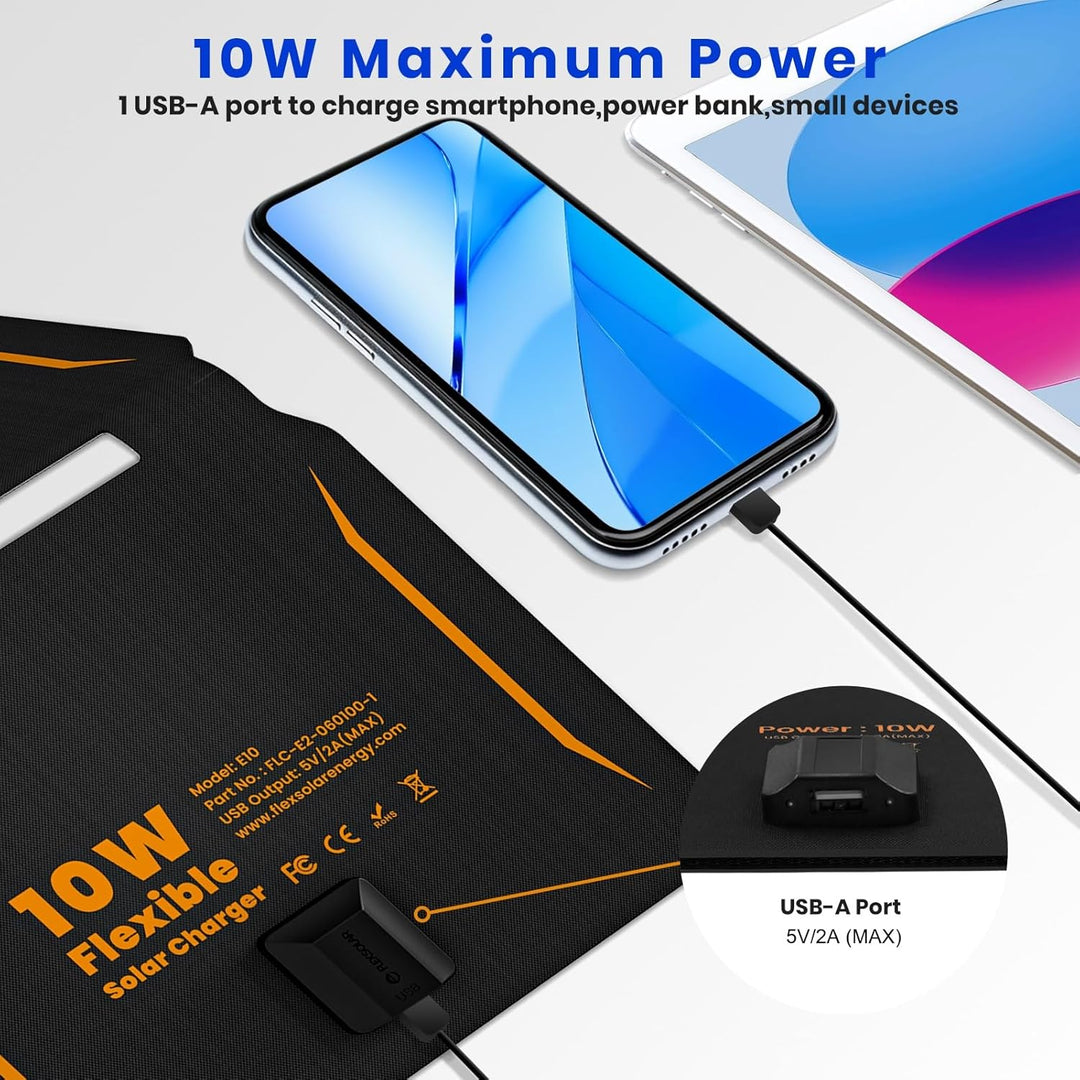 FlexSolar 10W Kleines Faltbar Solar Ladegerät mit 5V/2A USB-A Port,IP67 Wasserdicht ETFE Solar Ladeg
