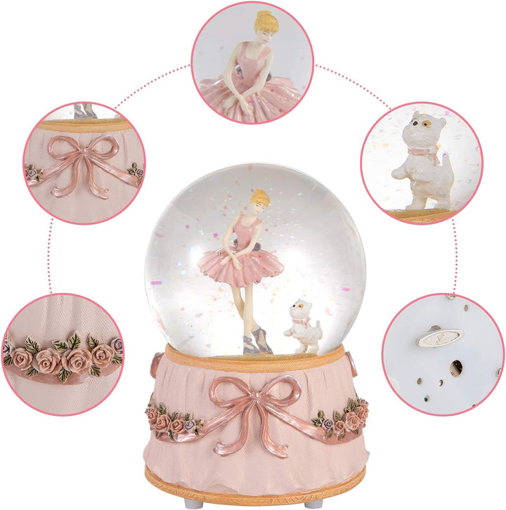 Dreamwizor Ballerina Schneekugel spielt Greensleeves Musik Ballett tanzendes Mädchen mit Welpen roti