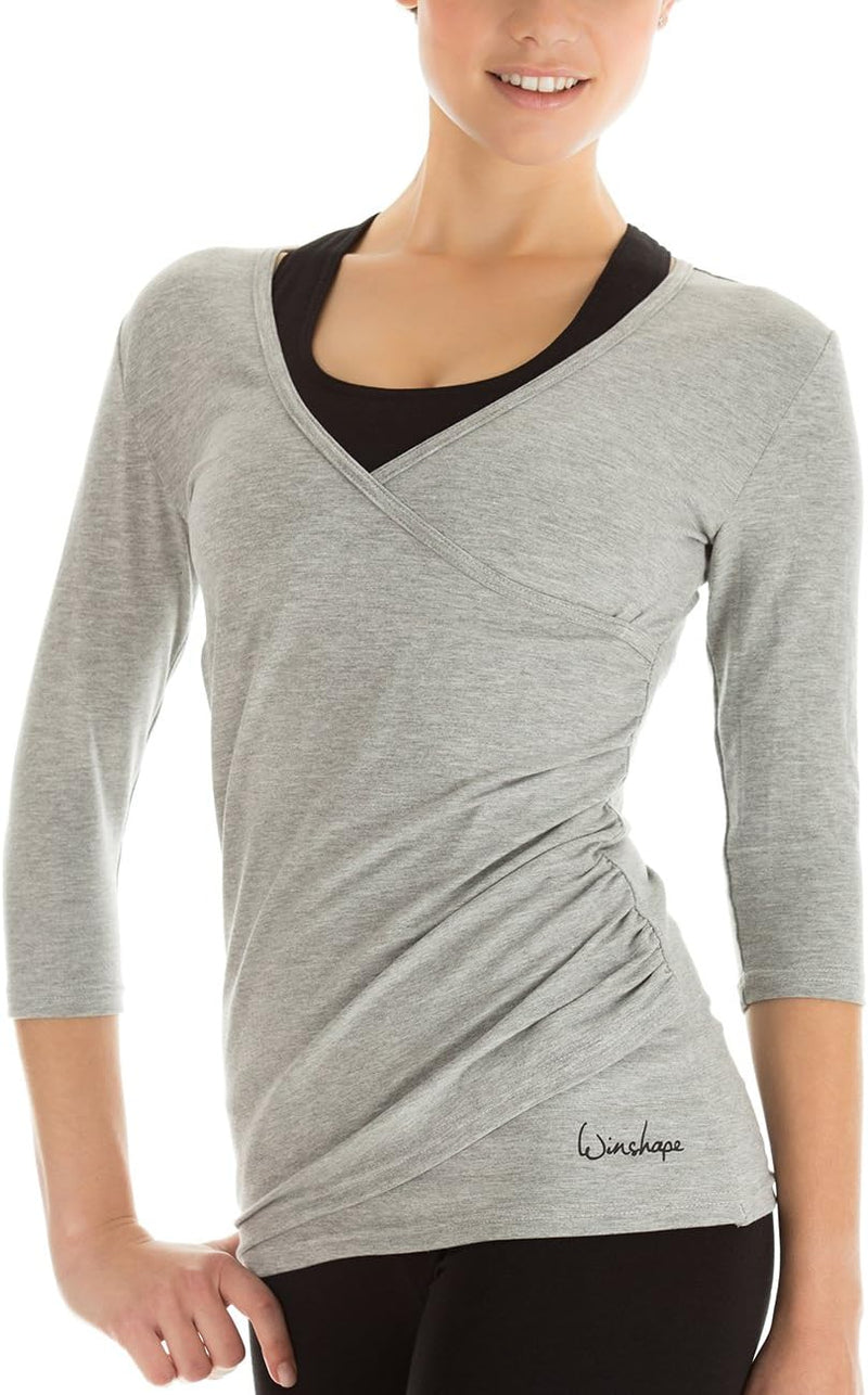 Winshape Damen 3/4-arm Shirt in Wickeloptik Fitness Yoga Pilates Freizeit Grey-melange M, Grey-melan