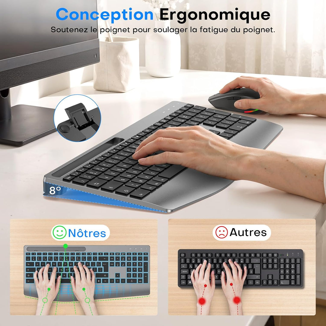 OMOTON Tastatur Maus Set Kabellos – 2,4GHz Ergonomische Tastatur (Space Grau Schwarz-AZERTY), Space