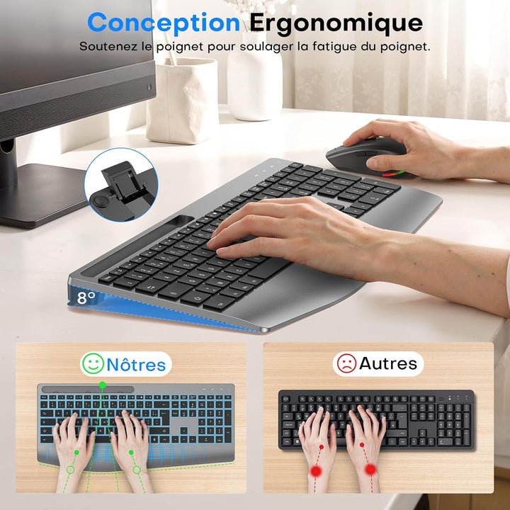 OMOTON Tastatur Maus Set Kabellos – 2,4GHz Ergonomische Tastatur (Space Grau Schwarz-AZERTY), Space
