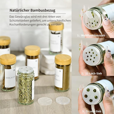 Miorkly 12 Gewürzgläser Rund mit Streueinsatz - 120ml Gewürzdosen Hochwertigem Holzdeckel aus Bambus