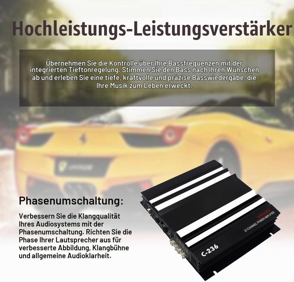 Shkalacar 2 Kanal Car Audio Mini Verstärker, 3800W Stereo Verstärker mit Niederfrequenzsteuerung, Ph