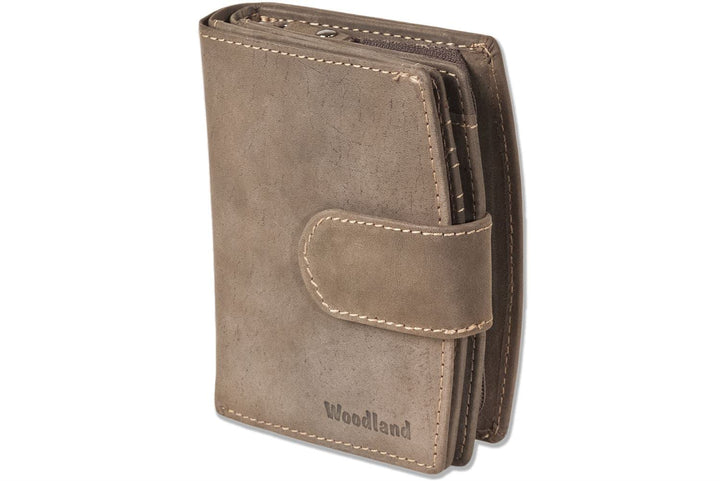 Woodland KOMPAKTE DAMENBÖRSE 18 EINSTECKFÄCHER Naturbelassenes Büffelleder Dunkelbraun/Vintage