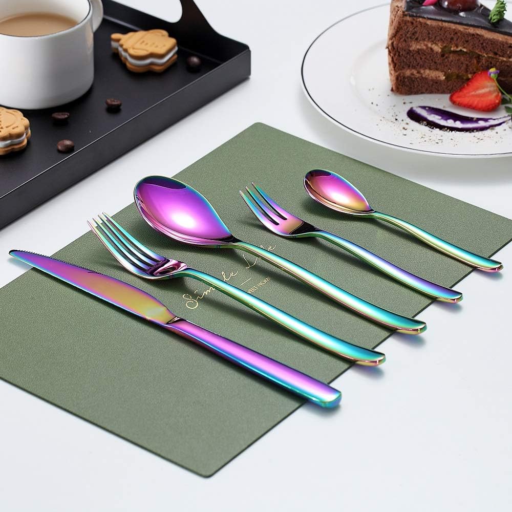 HOMQUEN 30 Stück Regenbogen Besteck Set, Regenbogen Besteckset aus Edelstahl, Regenbogen Titanbeschi