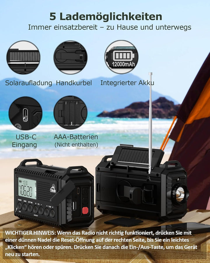 Kurbelradio, Notfallradio mit 12000 mAh Powerbank, AM/FM/SW Radio Ohne Strom, Kurbel 5-Wege Solar Ra