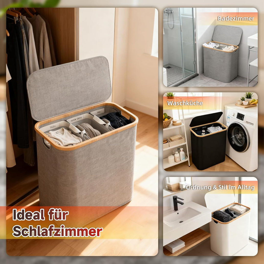 Faltbarer Wäschekorb 3 Fächer mit Deckel, Grau | 160L Grosser Laundry Basket, Oxford Material, Für S
