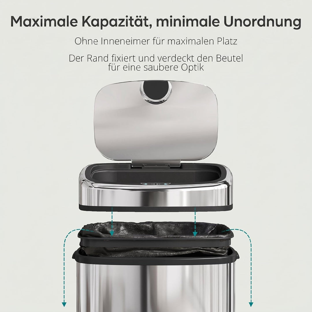 HOMCOM Mülleimer Automatik mit Sensor Abfalleimer Küche Edelstahl Silber (68L), 68L