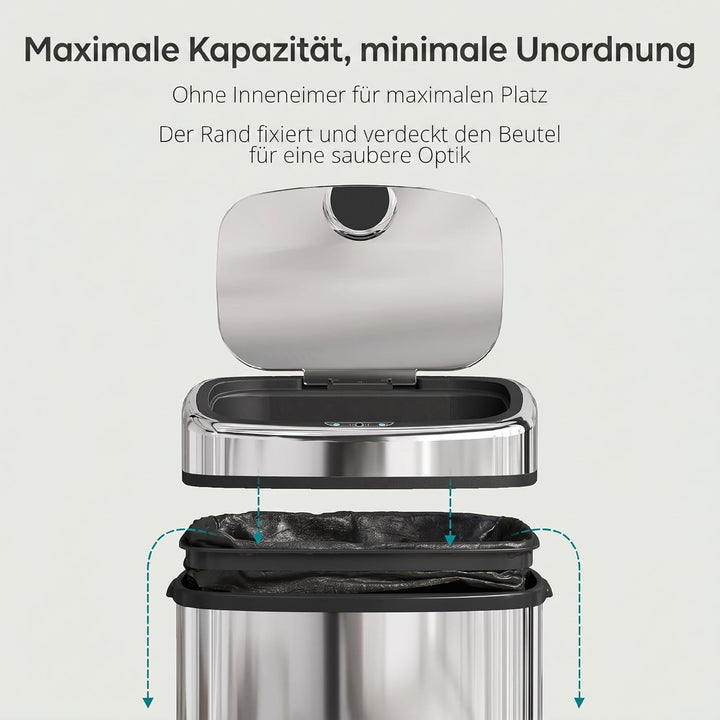 HOMCOM Mülleimer Automatik mit Sensor Abfalleimer Küche Edelstahl Silber (68L), 68L
