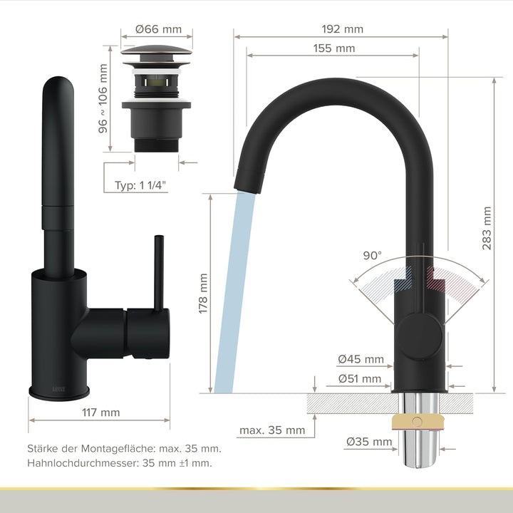 Lenz BOW² Waschtischarmatur schwarz-matt 46010251, Schwarz-matt