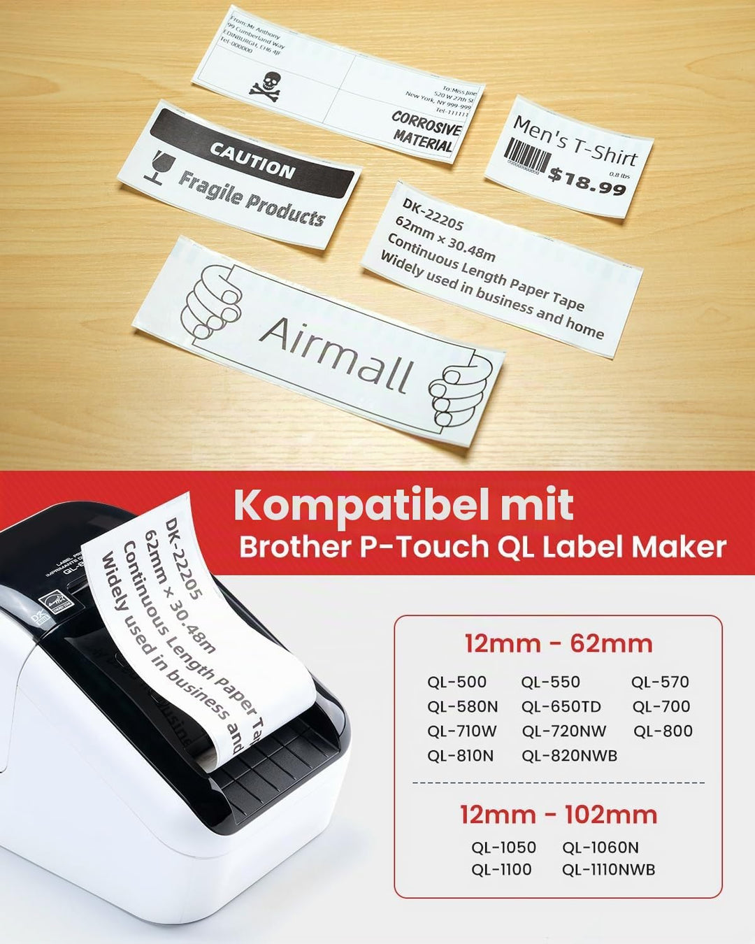DK-22205 Endlosetiketten 62mm x 30,48m Etikettenrolle 10 Etiketten DK22205 Selbstklebende Etiketten