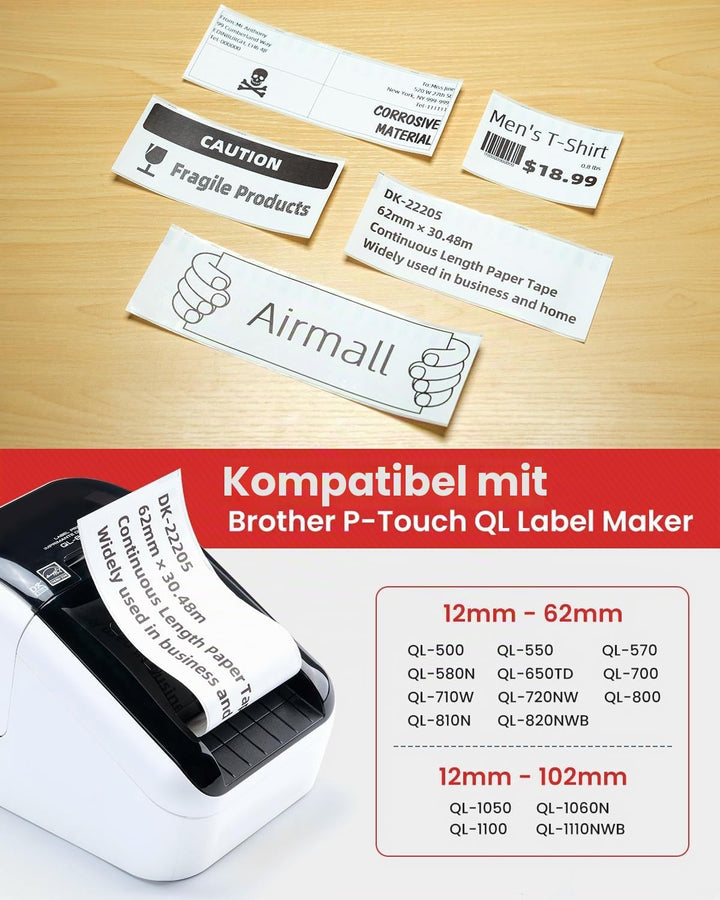DK-22205 Endlosetiketten 62mm x 30,48m Etikettenrolle 10 Etiketten DK22205 Selbstklebende Etiketten