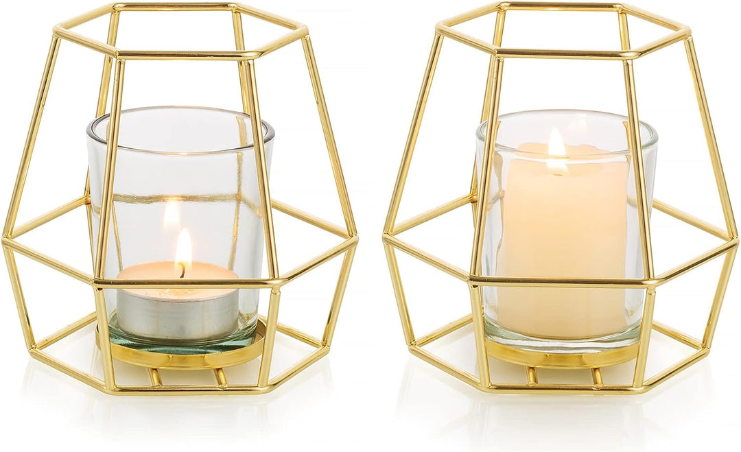 Nuptio Geometrische Teelichthalter Gold - 2 Stück Kerzenhalter für Stumpenkerzen mit Votivglas Kerze