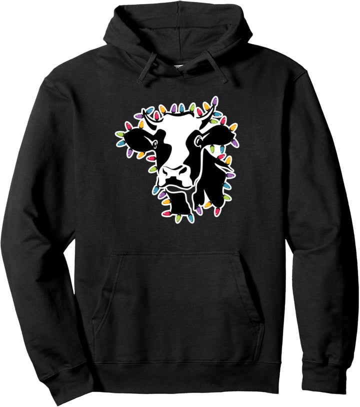 Weihnachtskuh eingewickelt in farbige Lichterketten Pullover Hoodie