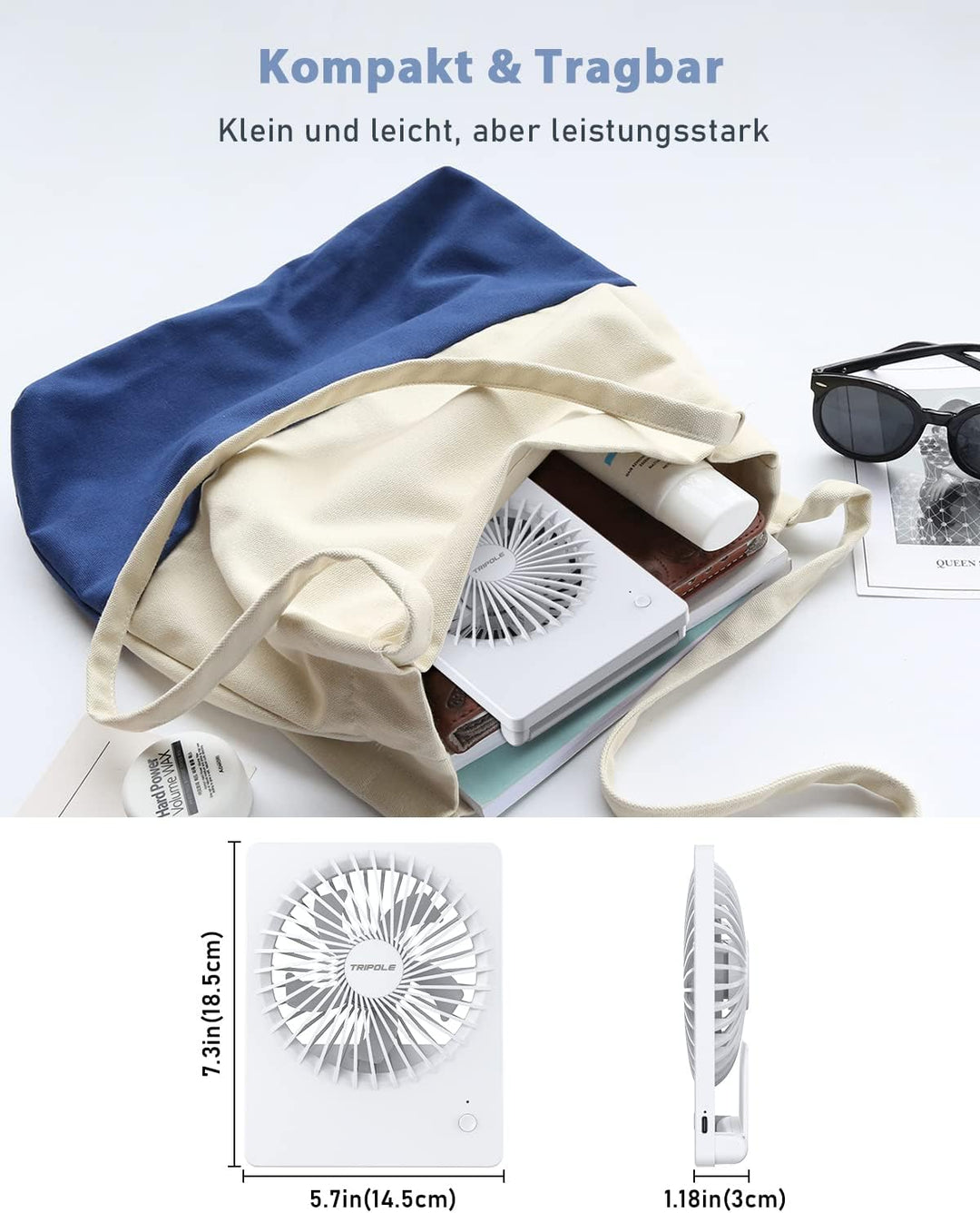 TriPole Tischventilator Leise, 2000mAh Ladefähige USB Ventilatoren Ausführen Bis zu 4-16 Std, 3 Gesc