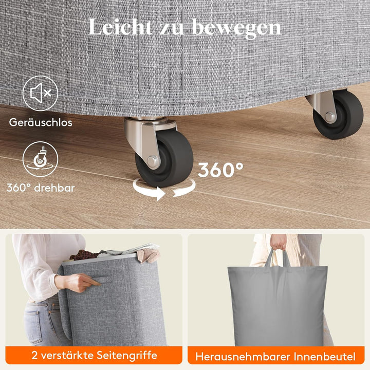 Lifewit 85L Wäschekorb mit Rollen und Deckel, Hellgrau | Faltbarer Wäschesortierer mit herausnehmbar