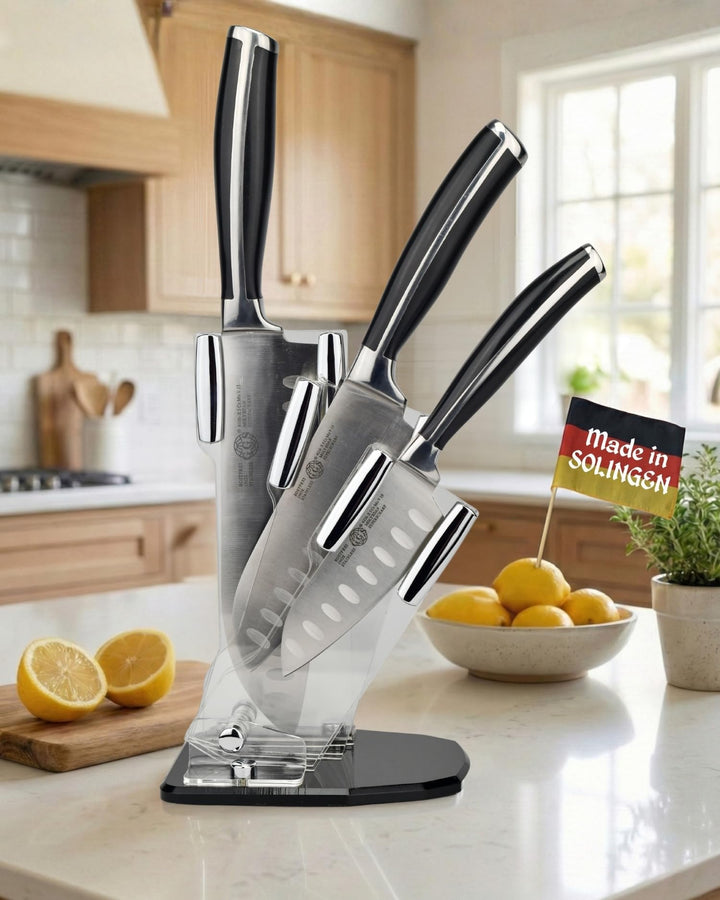 GGS Solingen Santoku Messer Set 4-teilig – Küchenmesser Set Edelstahl mit Messerblock, 3 Santokumess