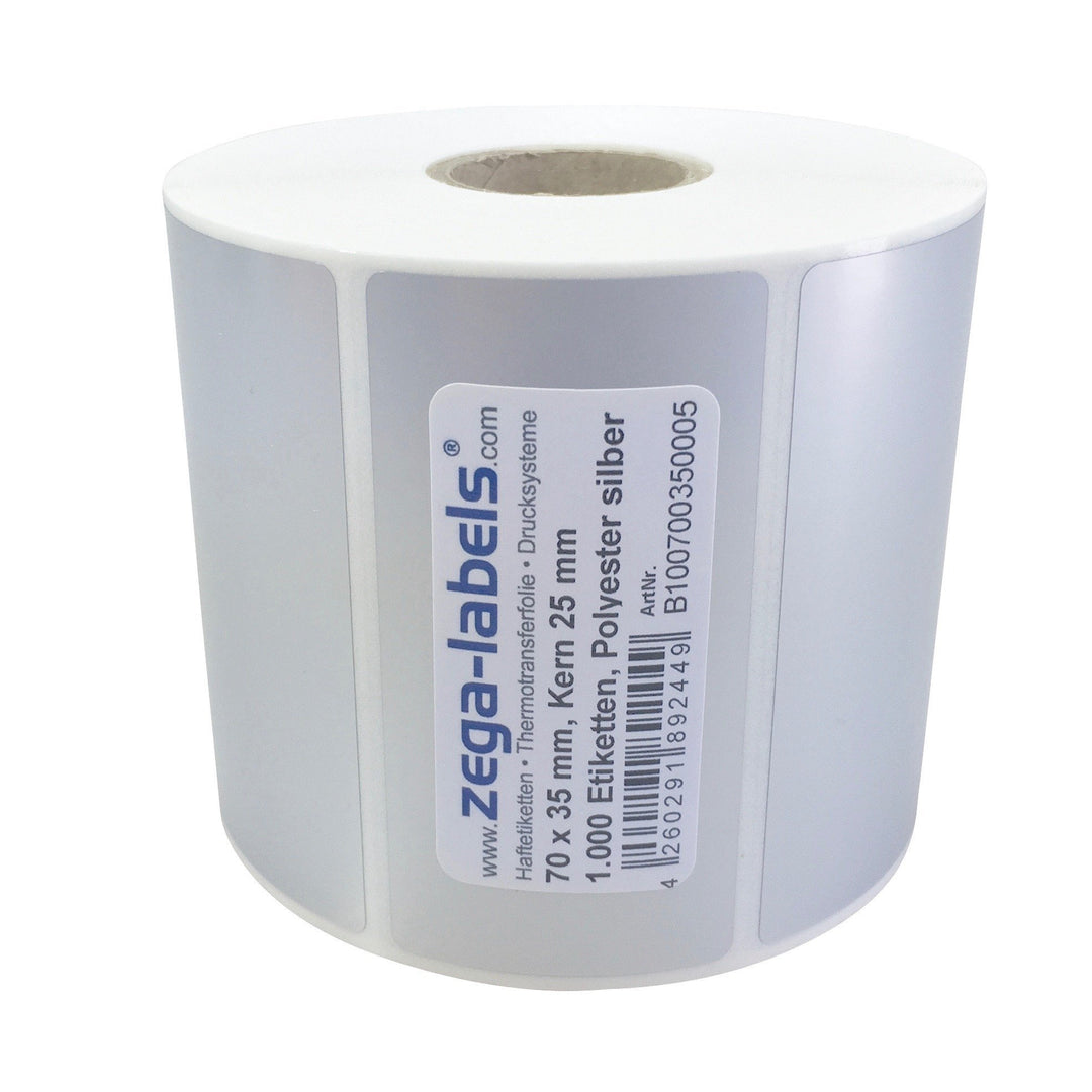 Polyester Thermotransfer Etiketten auf Rolle - 70 x 35 mm - aus PET Polyesterfolie silber für Typens