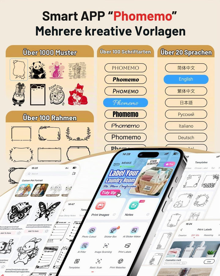 Phomemo M04AS 110mm Mini Drucker - Taschendrucker 300DPI Tragbarer Thermodrucker für Handy Bluetooth