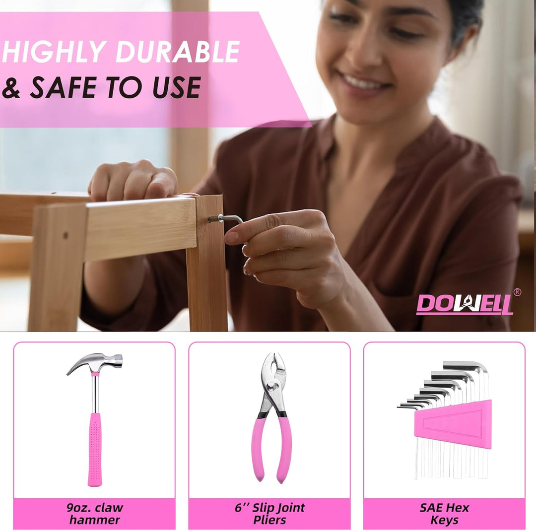 DOWELL 40 Stück Heimwerkzeugsatz Allgemeines Haushaltshand-Pink-Werkzeugset mit Kunststoff-Werkzeugk